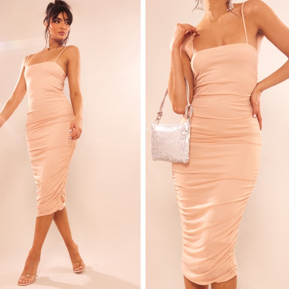 New PrettyLittle Thing Nude Strappy Mesh Ruched‎ Midaxi Dress
